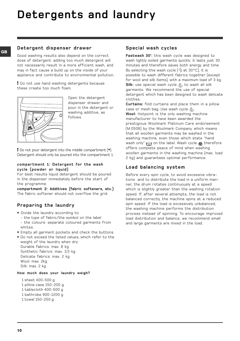 Detergents and laundry | Hotpoint WMD960P User Manual | Page 10 / 16