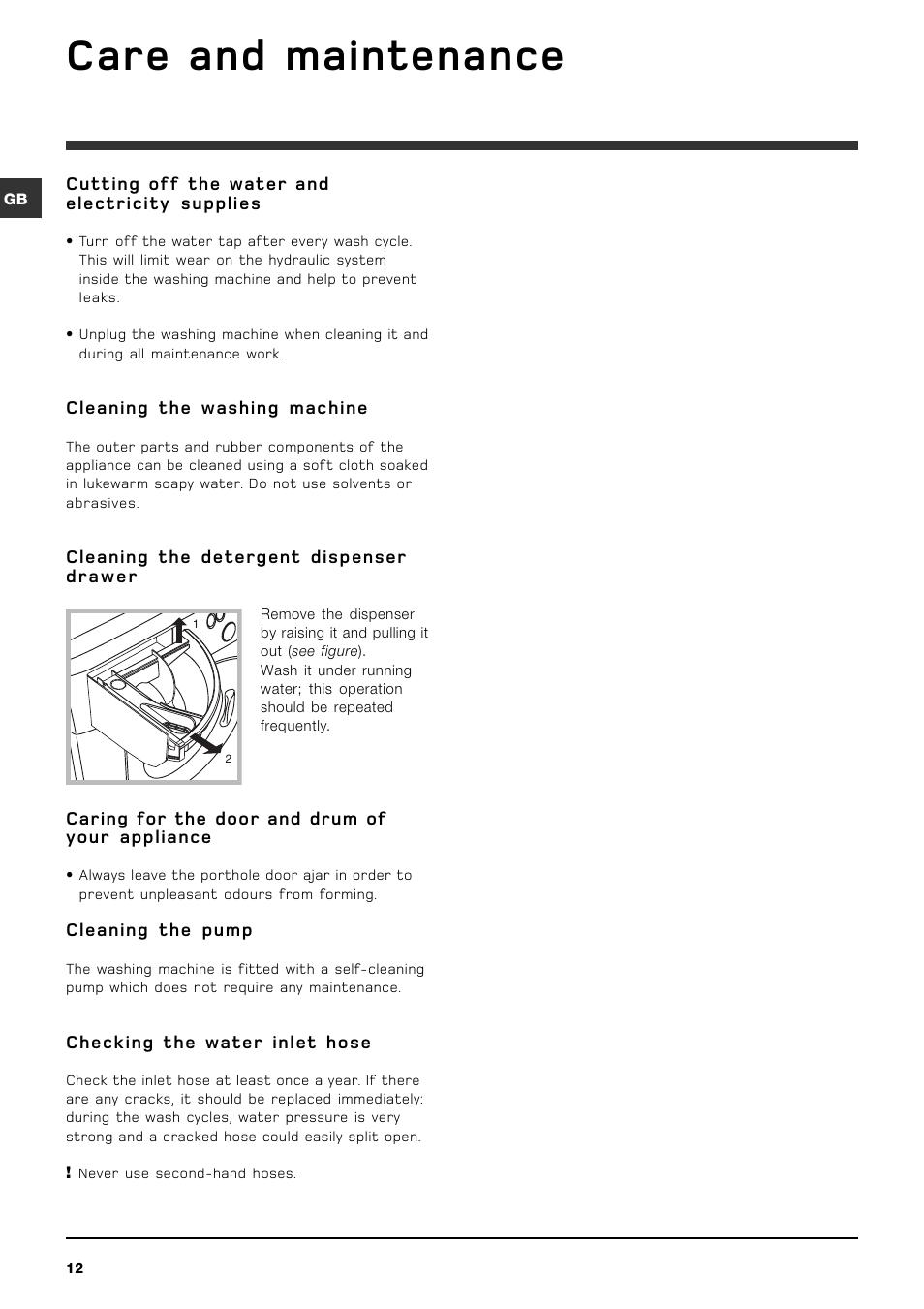 Care and maintenance | Hotpoint WMD960P User Manual | Page 12 / 16