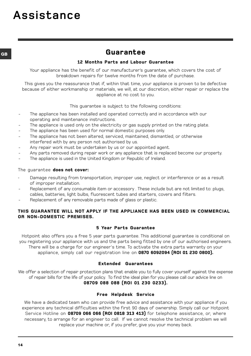 Assistance, Guarantee | Hotpoint WMD960P User Manual | Page 14 / 16