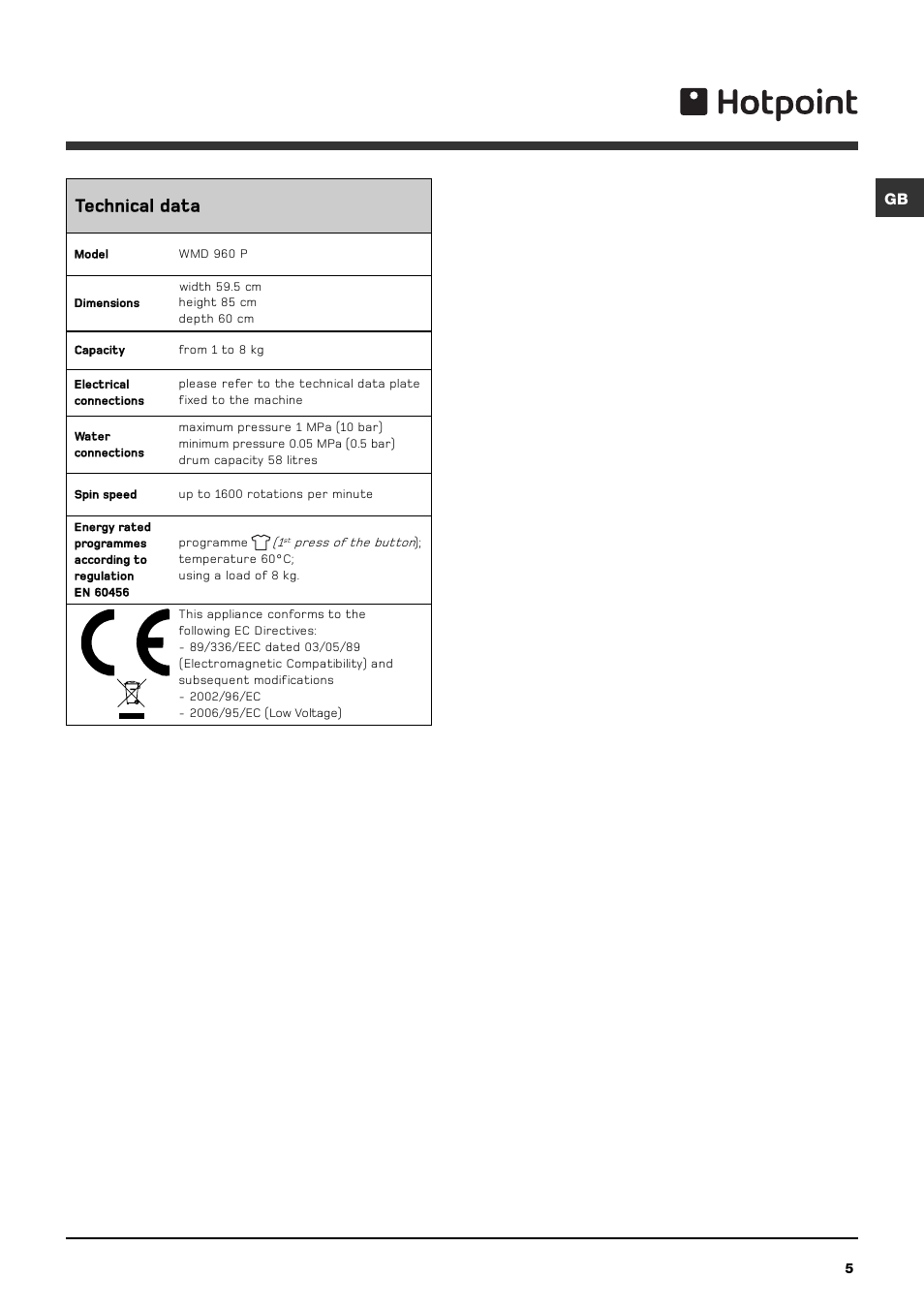 Technical data | Hotpoint WMD960P User Manual | Page 5 / 16