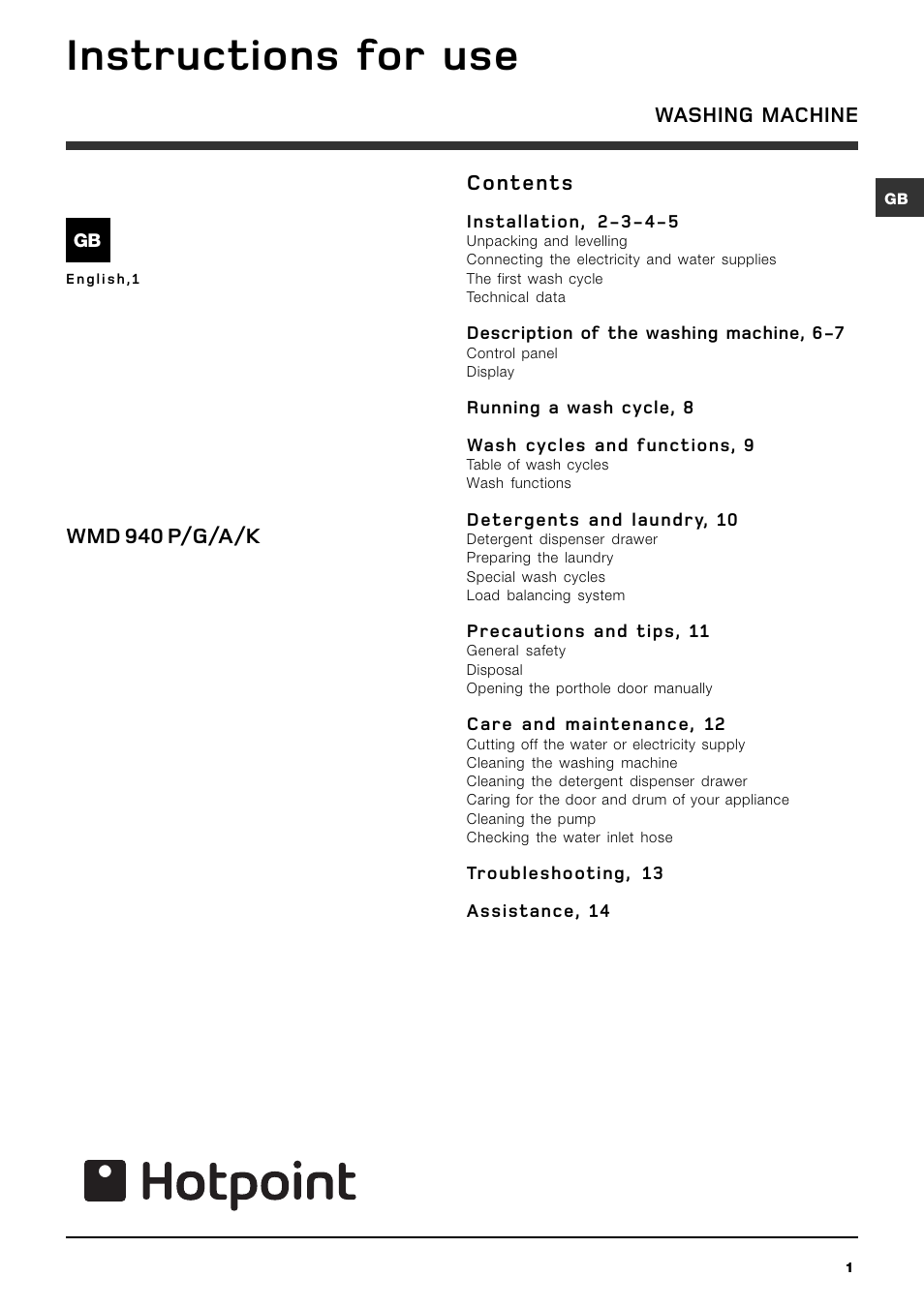 Hotpoint WMD 940 P/G/A/K User Manual | 16 pages