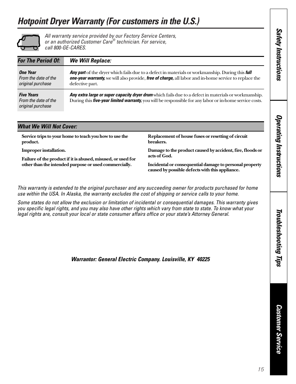 Warranty | Hotpoint 453 User Manual | Page 15 / 16