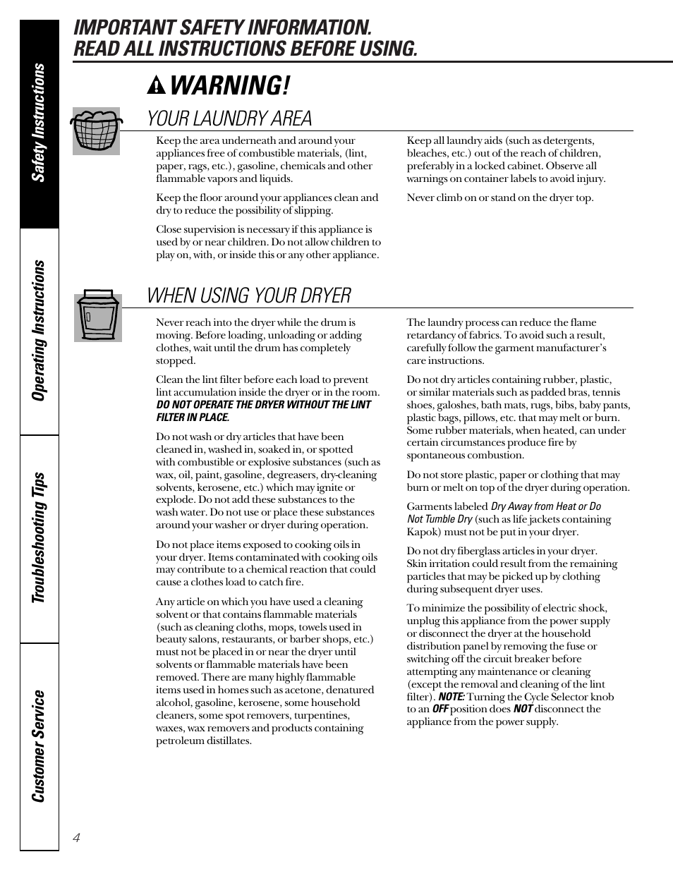 Warning, Your laundry area, When using your dryer | Hotpoint 453 User Manual | Page 4 / 16