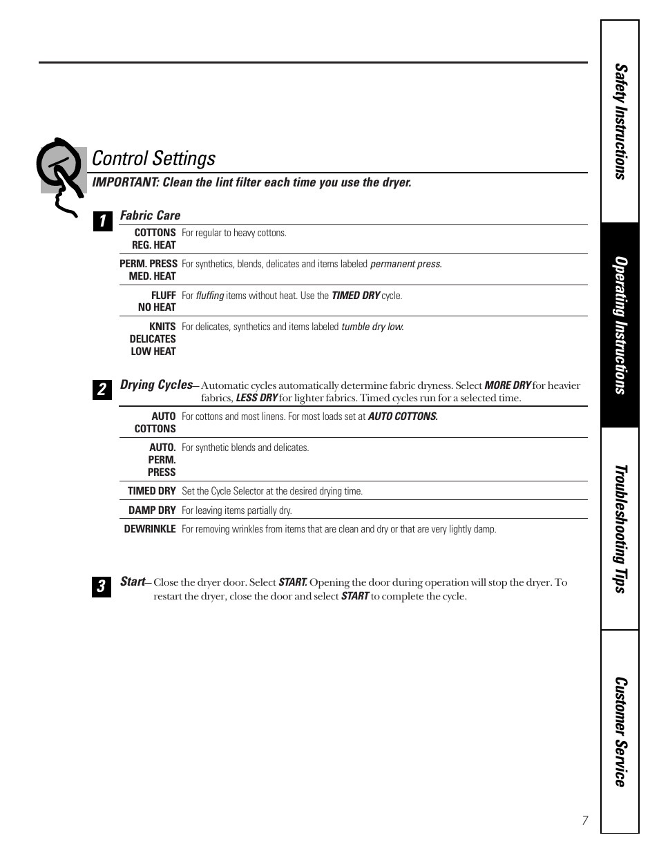 Control settings | Hotpoint 453 User Manual | Page 7 / 16