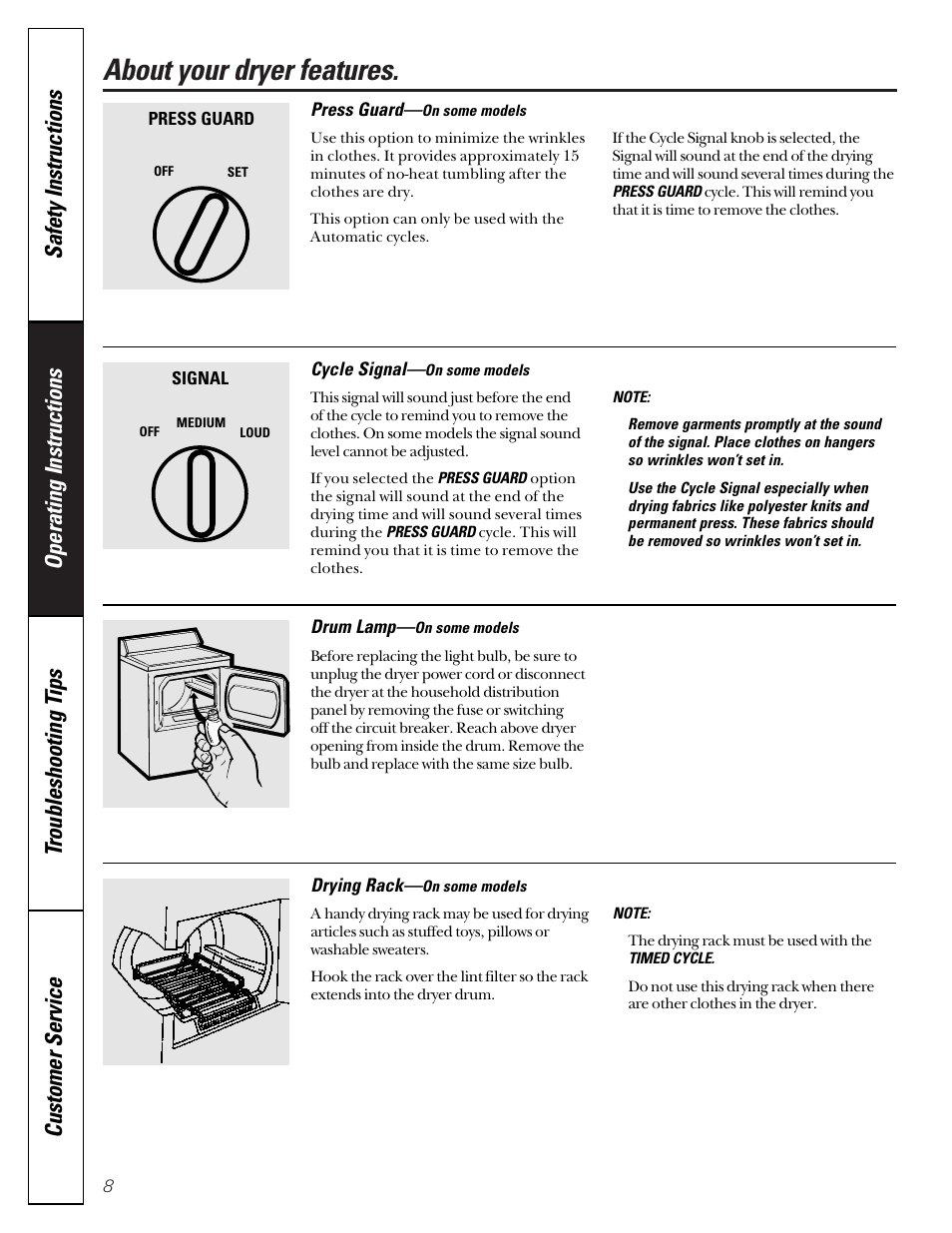 Features, About your dryer features | Hotpoint 453 User Manual | Page 8 / 16