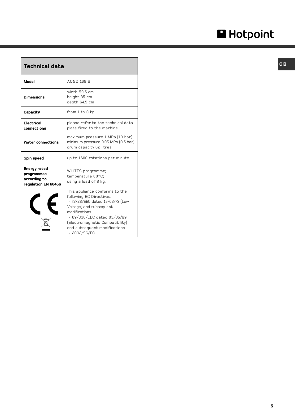 Technical data | Hotpoint AQGD 169 S User Manual | Page 5 / 16