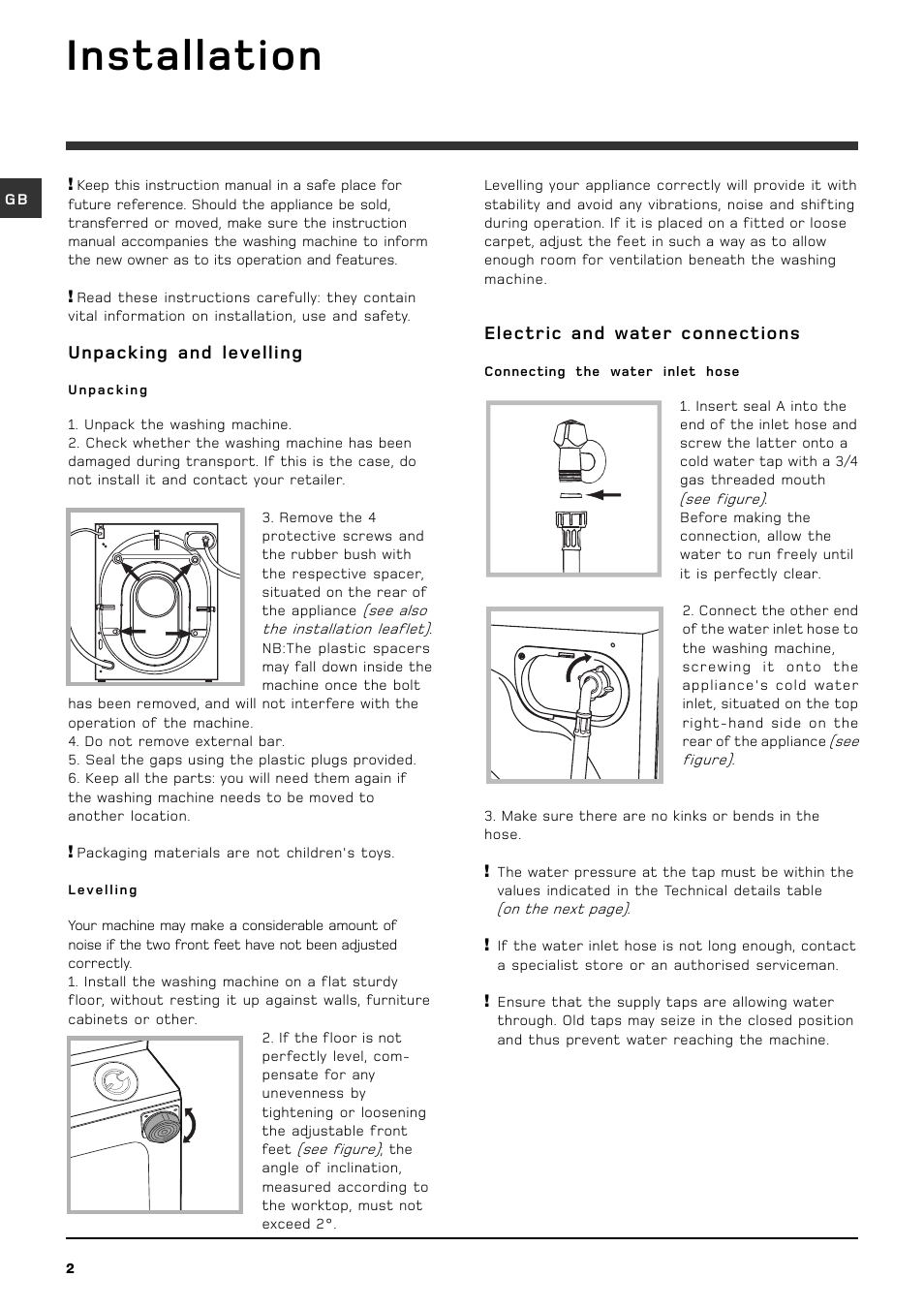 Installation, Electric and water connections, Unpacking and levelling | Hotpoint BHWM149 User Manual | Page 2 / 20