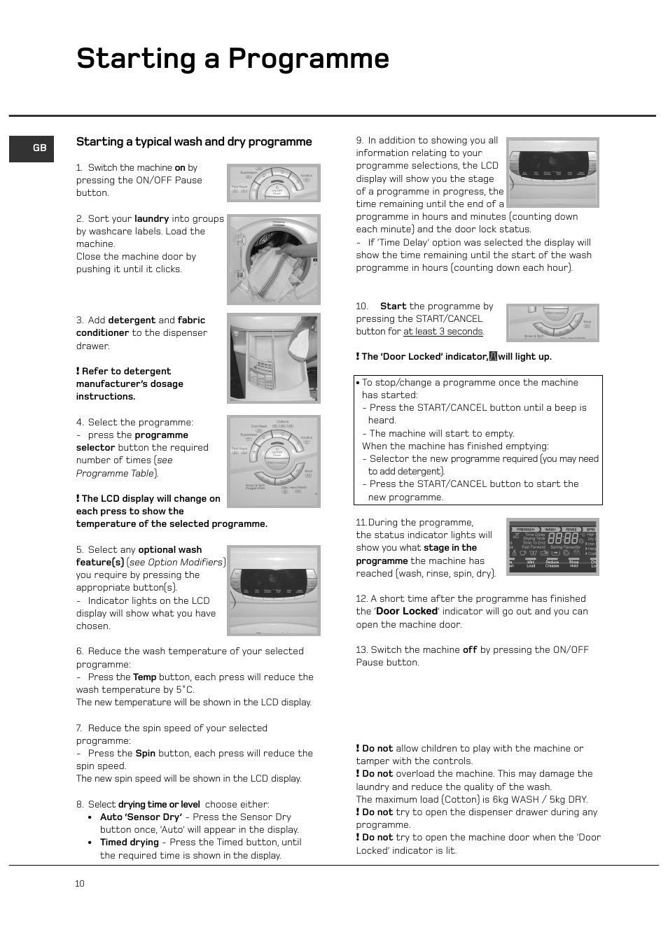 Starting a programme, Starting a typical wash and dry programme | Hotpoint 6kg Ultima User Manual | Page 10 / 24