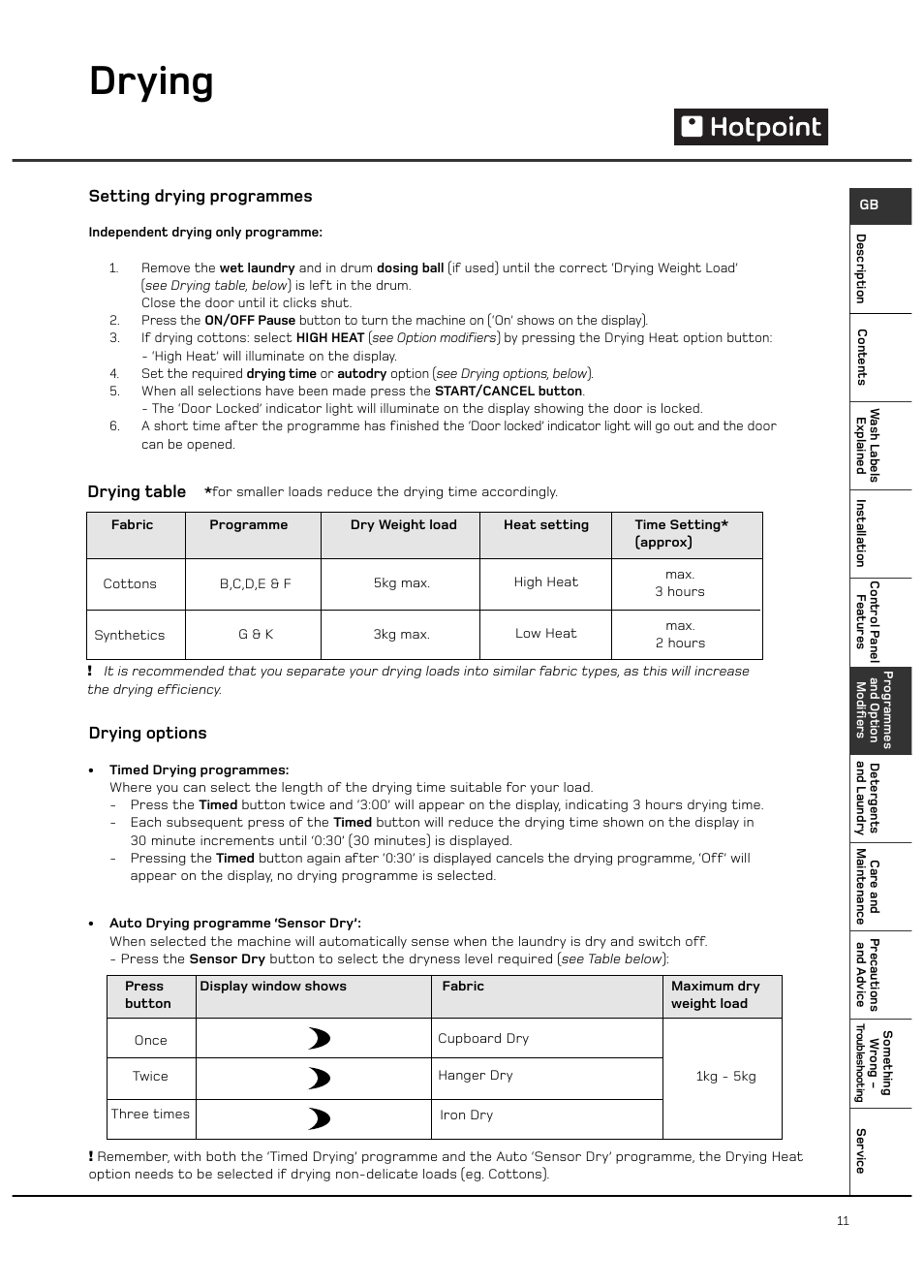 Drying, Setting drying programmes, Drying options | Drying table | Hotpoint 6kg Ultima User Manual | Page 11 / 24