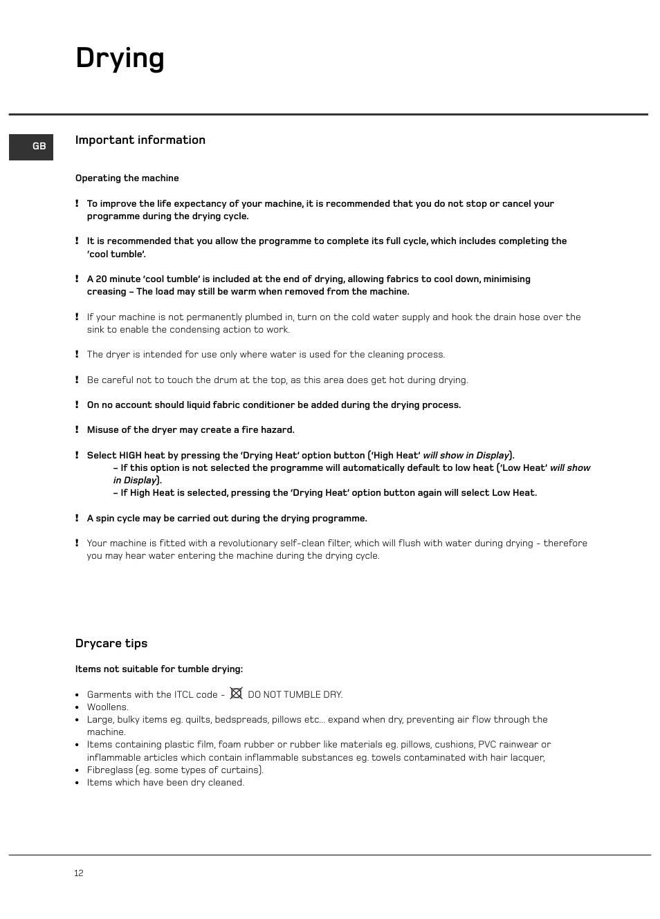 Drying, Important information, Drycare tips | Hotpoint 6kg Ultima User Manual | Page 12 / 24