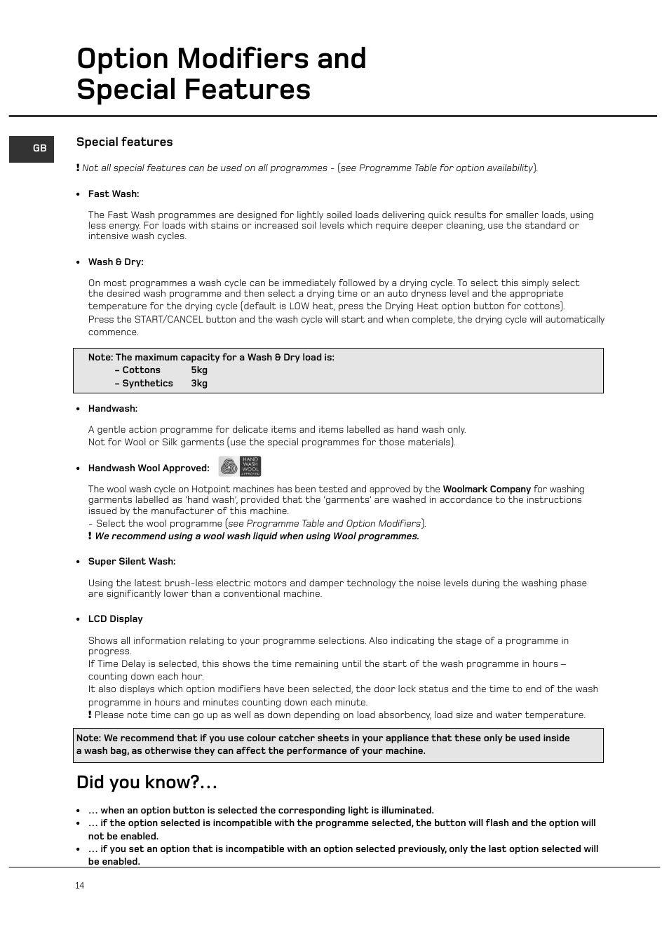 Option modifiers and special features, Did you know, Special features | Hotpoint 6kg Ultima User Manual | Page 14 / 24