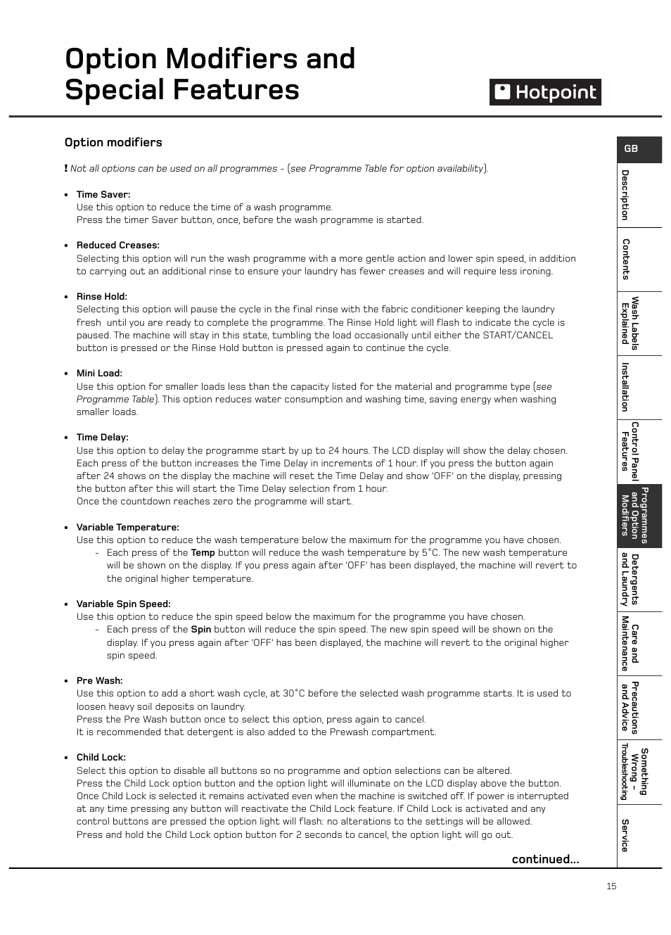 Option modifiers and special features, Option modifiers, Continued | Hotpoint 6kg Ultima User Manual | Page 15 / 24