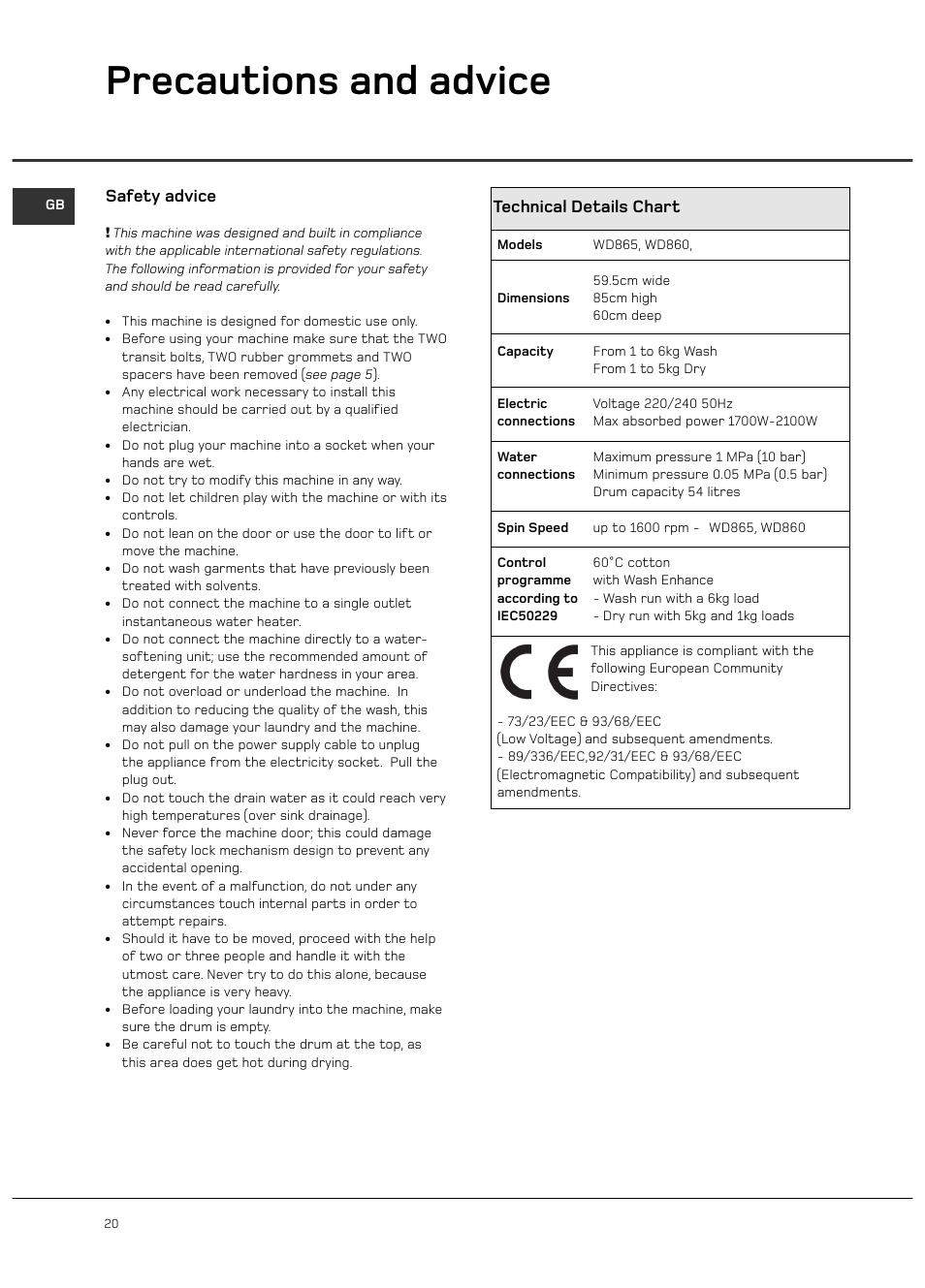 Precautions and advice, Safety advice, Technical details chart | Hotpoint 6kg Ultima User Manual | Page 20 / 24