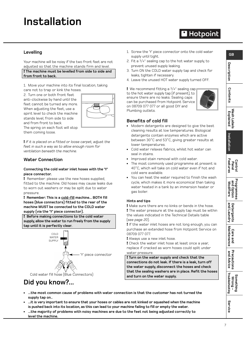 Installation, Did you know, Water connection | Benefits of cold fill, Levelling | Hotpoint 6kg Ultima User Manual | Page 7 / 24