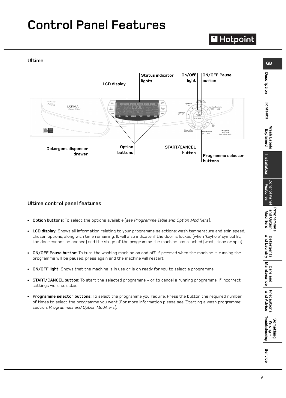 Control panel features, Ultima ultima control panel features | Hotpoint 6kg Ultima User Manual | Page 9 / 24