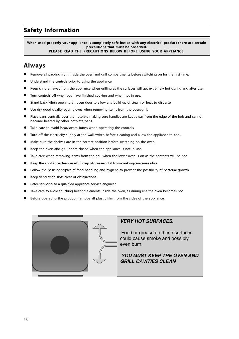 Safety information, Always | Hotpoint GW38P User Manual | Page 10 / 28