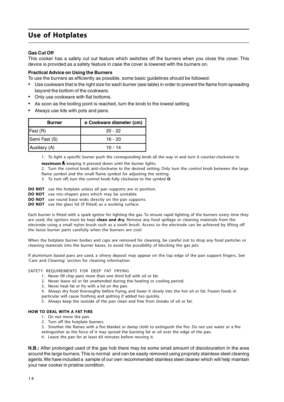 Use of hotplates | Hotpoint GW38P User Manual | Page 14 / 28