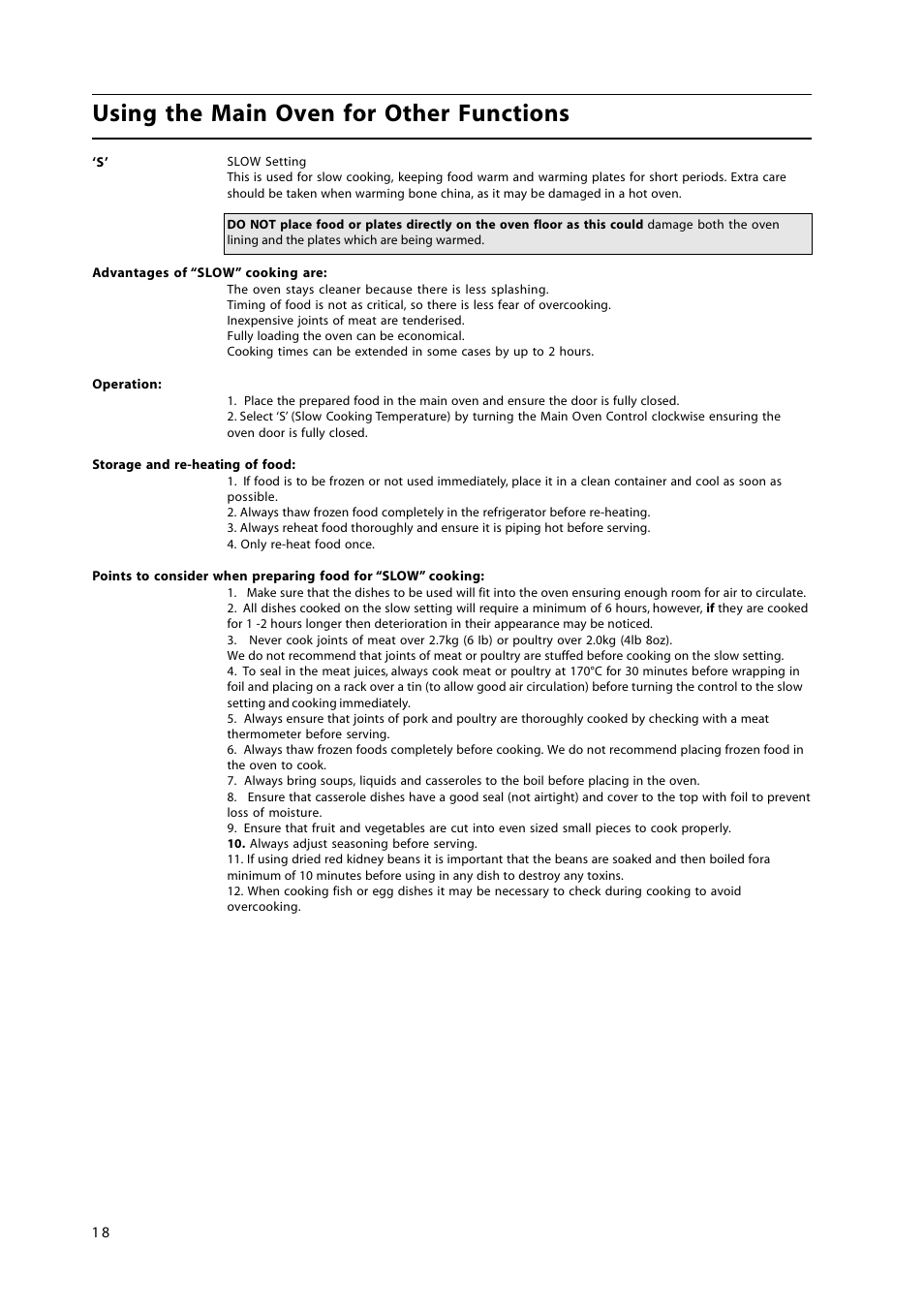 Using the main oven for other functions | Hotpoint GW38P User Manual | Page 18 / 28