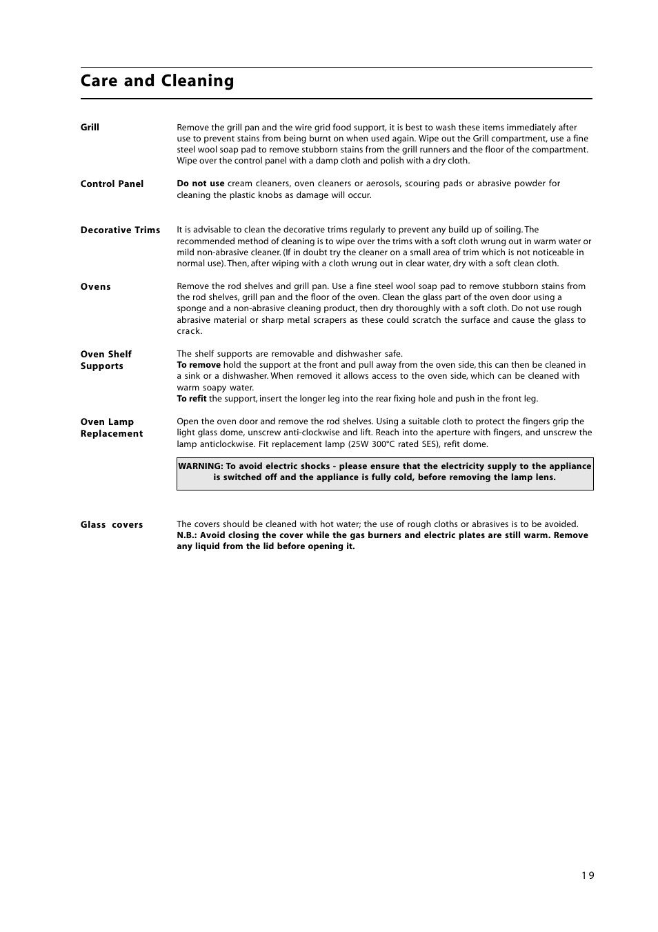 Care and cleaning | Hotpoint GW38P User Manual | Page 19 / 28