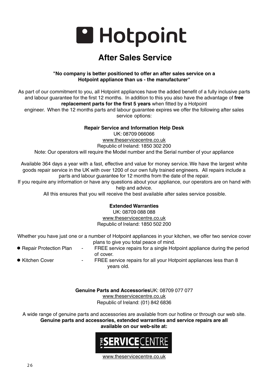 After sales service | Hotpoint GW38P User Manual | Page 26 / 28