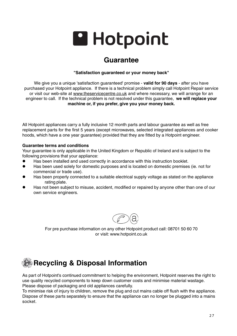 Guarantee, Recycling & disposal information | Hotpoint GW38P User Manual | Page 27 / 28