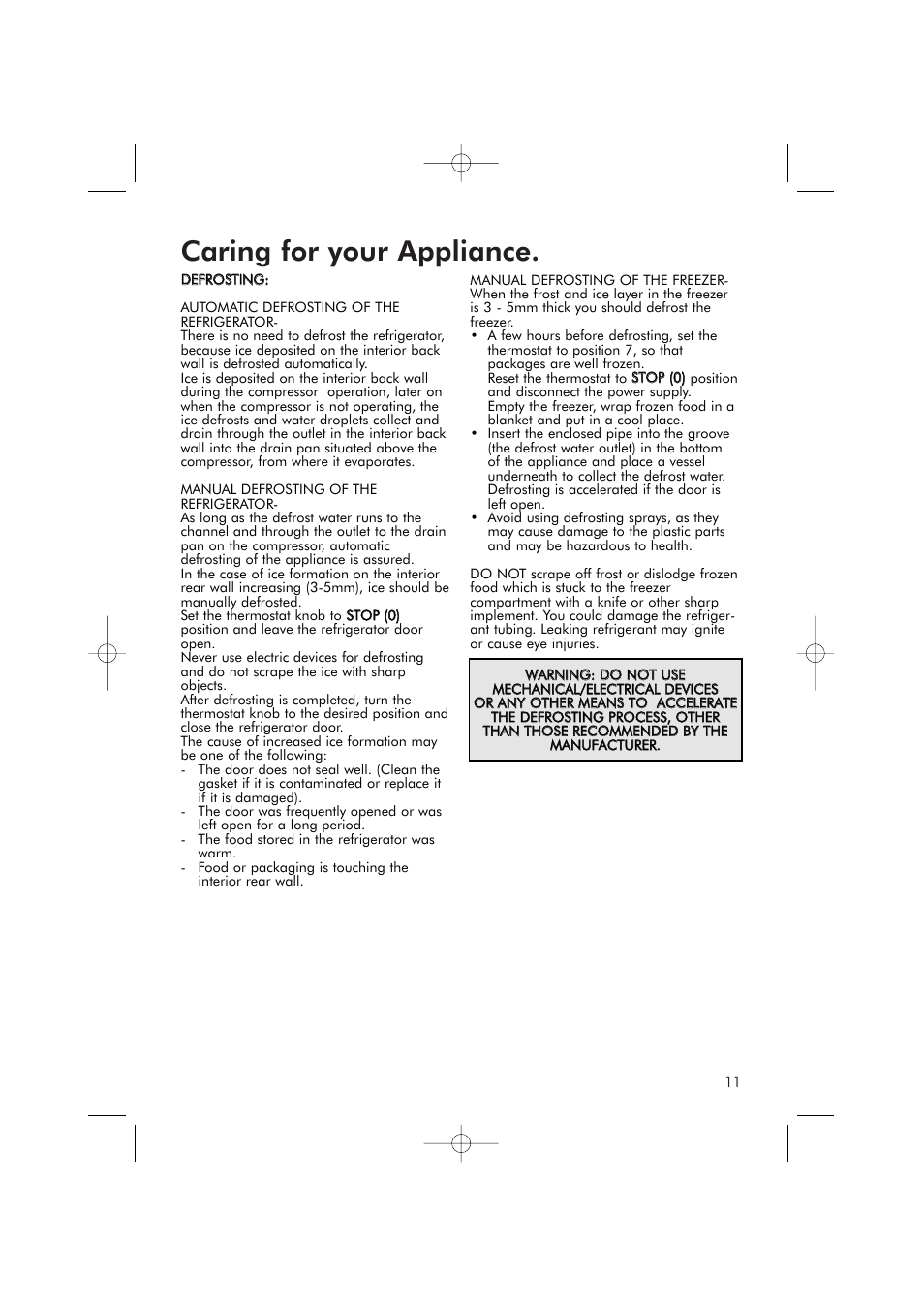 Caring for your appliance | Hotpoint RFR50V User Manual | Page 11 / 16