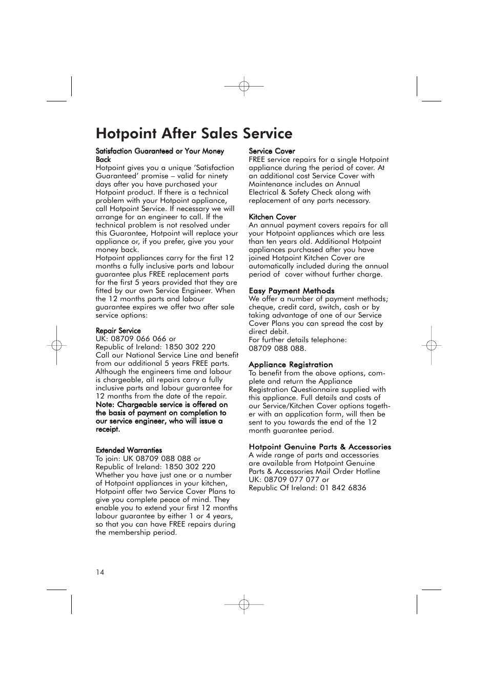 Hotpoint after sales service | Hotpoint RFR50V User Manual | Page 14 / 16
