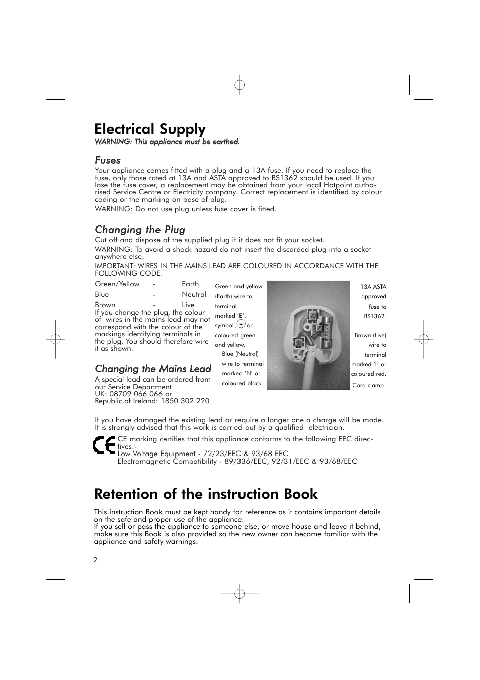 Electrical supply, Retention of the instruction book, Ffu usse ess | Cch ha an ng giin ng g tth he e p pllu ug g | Hotpoint RFR50V User Manual | Page 2 / 16