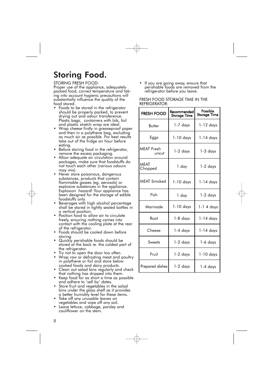 Storing food | Hotpoint RFR50V User Manual | Page 8 / 16