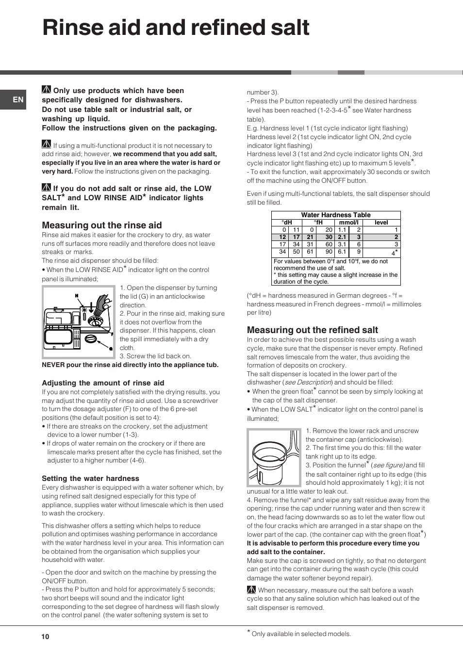Rinse aid and refined salt, Measuring out the rinse aid, Measuring out the refined salt | Hotpoint LFT04 User Manual | Page 10 / 16