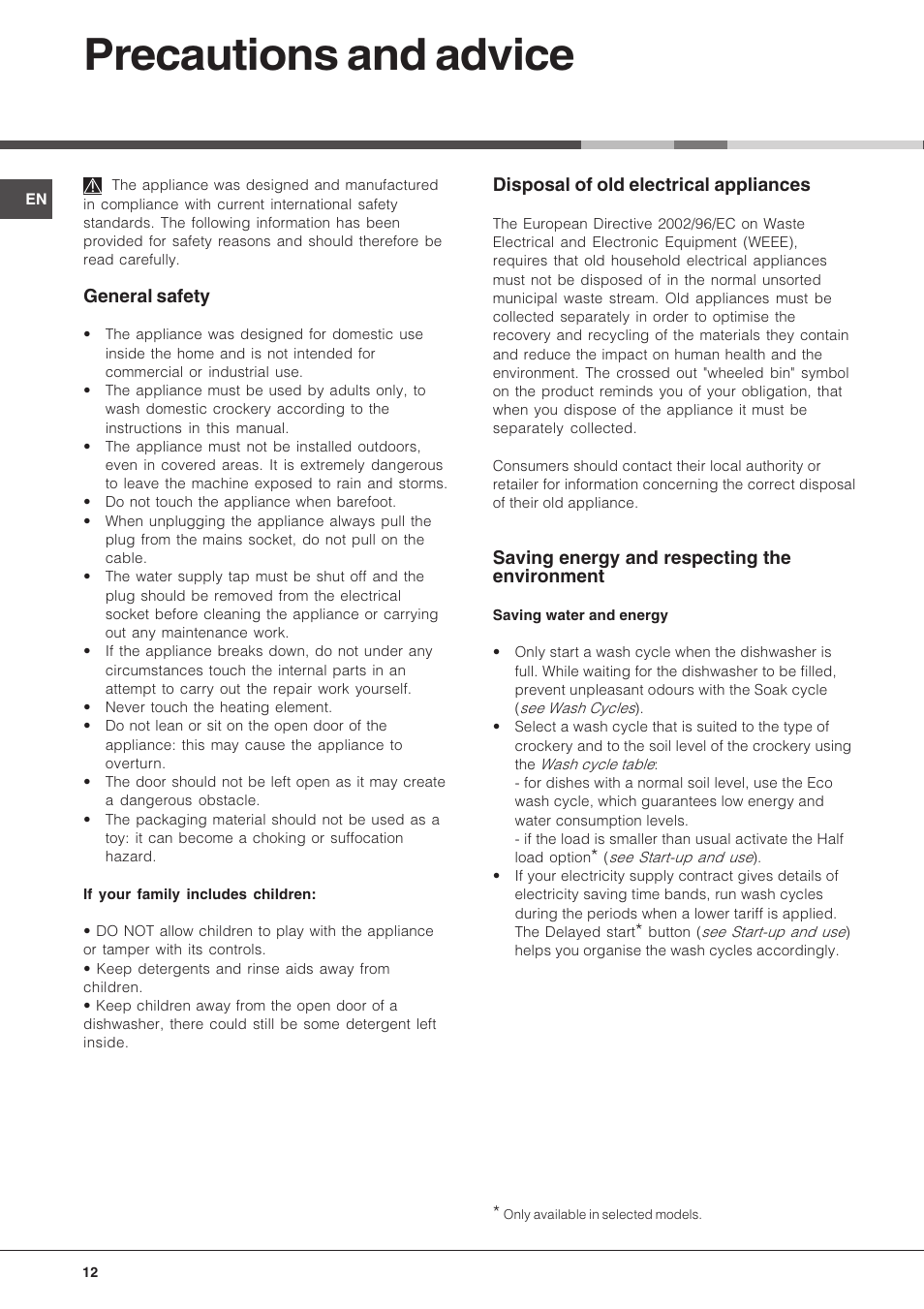 Precautions and advice | Hotpoint LFT04 User Manual | Page 12 / 16