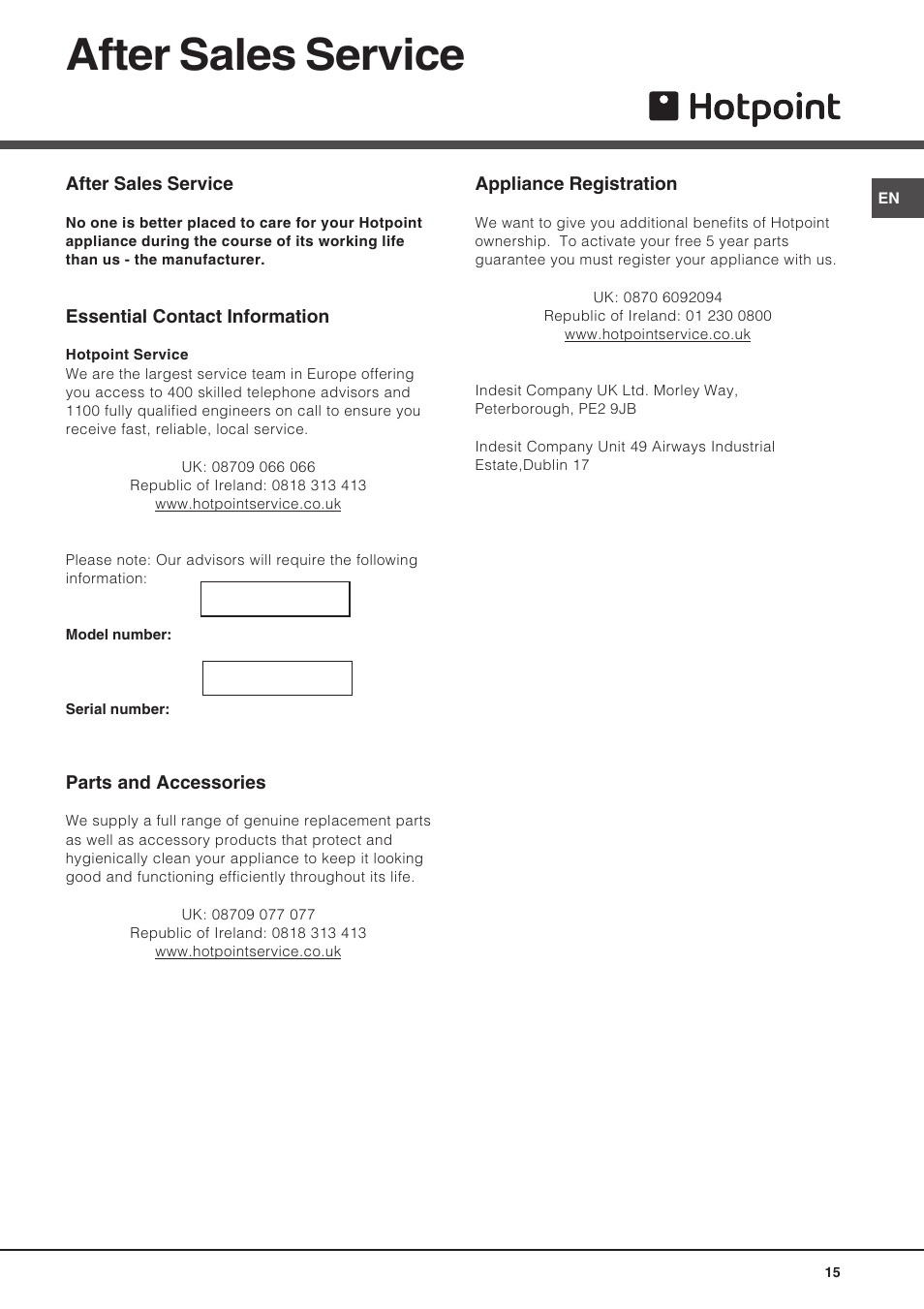 After sales service | Hotpoint LFT04 User Manual | Page 15 / 16