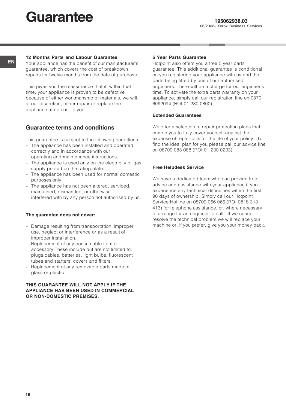 Guarantee, Guarantee terms and conditions | Hotpoint LFT04 User Manual | Page 16 / 16