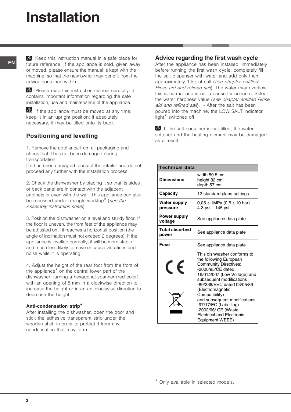 Installation, Positioning and levelling, Advice regarding the first wash cycle | Hotpoint LFT04 User Manual | Page 2 / 16
