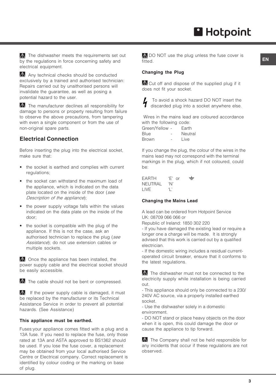 Electrical connection | Hotpoint LFT04 User Manual | Page 3 / 16