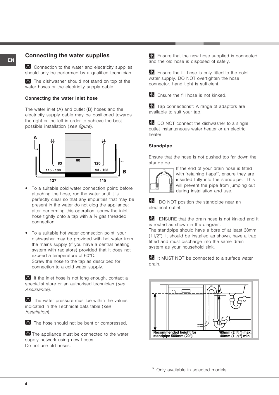 Connecting the water supplies | Hotpoint LFT04 User Manual | Page 4 / 16
