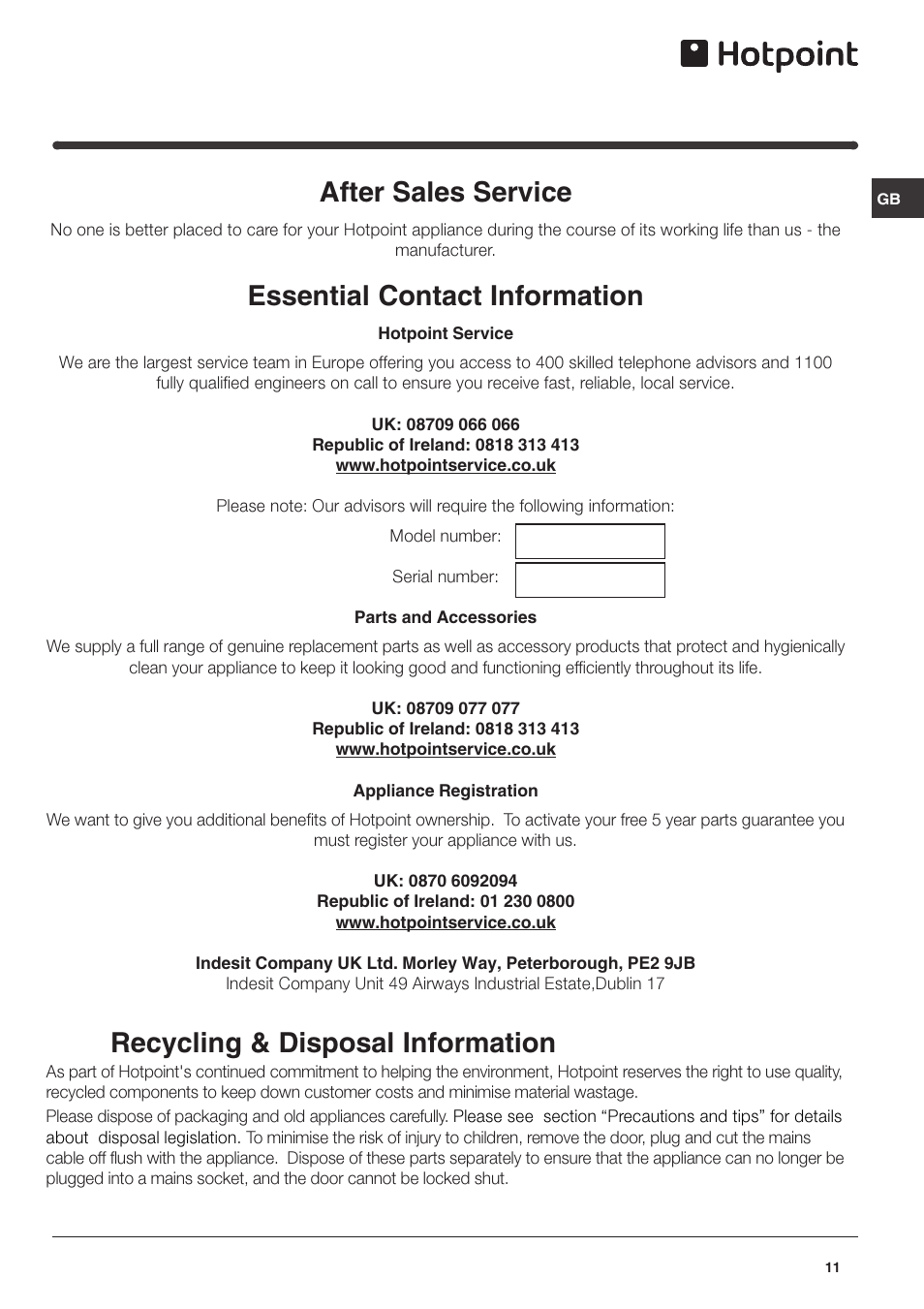 After sales service, Essential contact information, Recycling & disposal information | Hotpoint FTM70S User Manual | Page 11 / 12