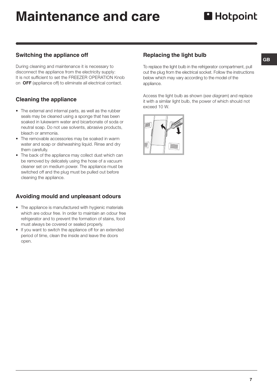 Maintenance and care | Hotpoint FTM70S User Manual | Page 7 / 12