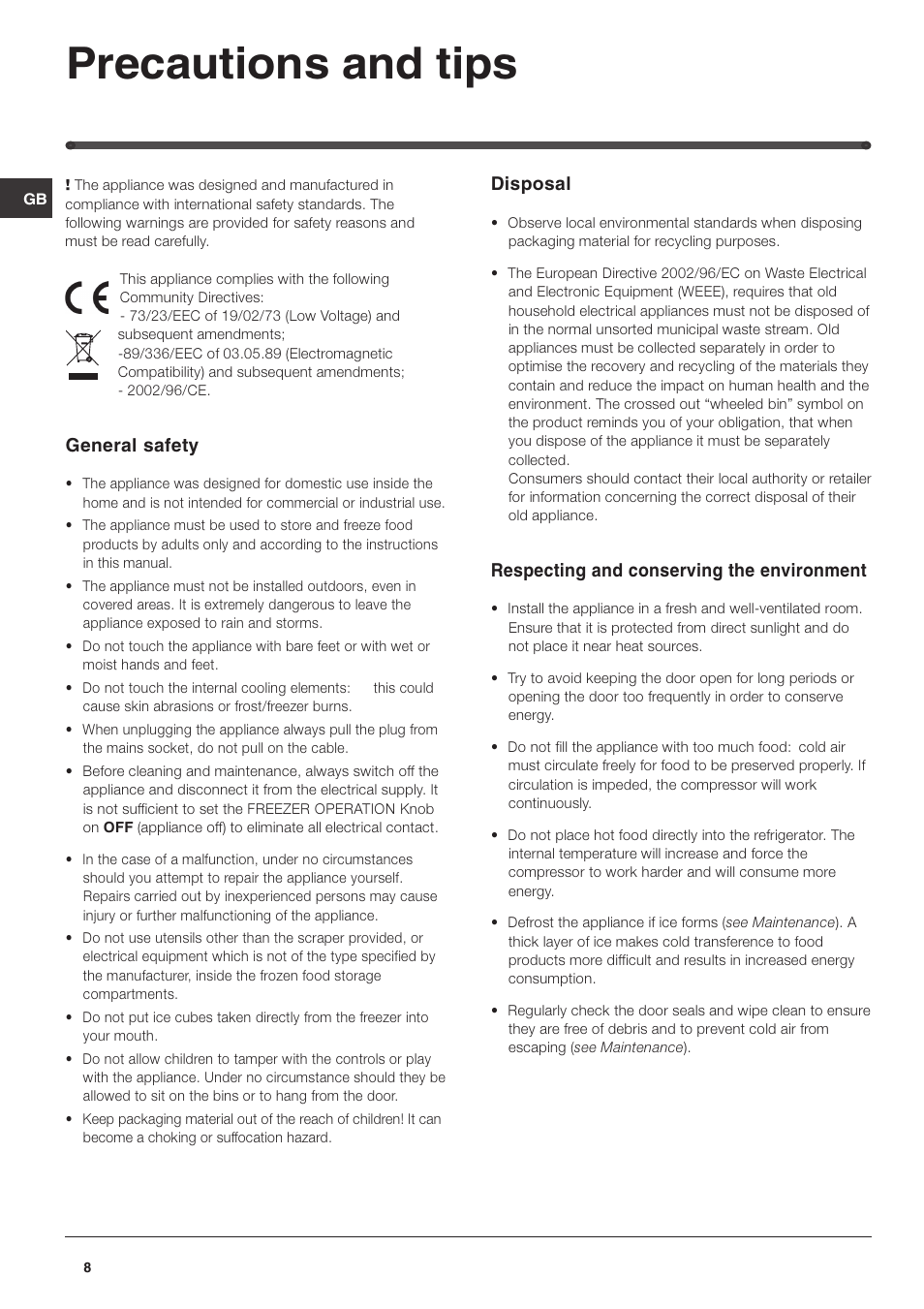 Precautions and tips, General safety, Disposal | Respecting and conserving the environment | Hotpoint FTM70S User Manual | Page 8 / 12