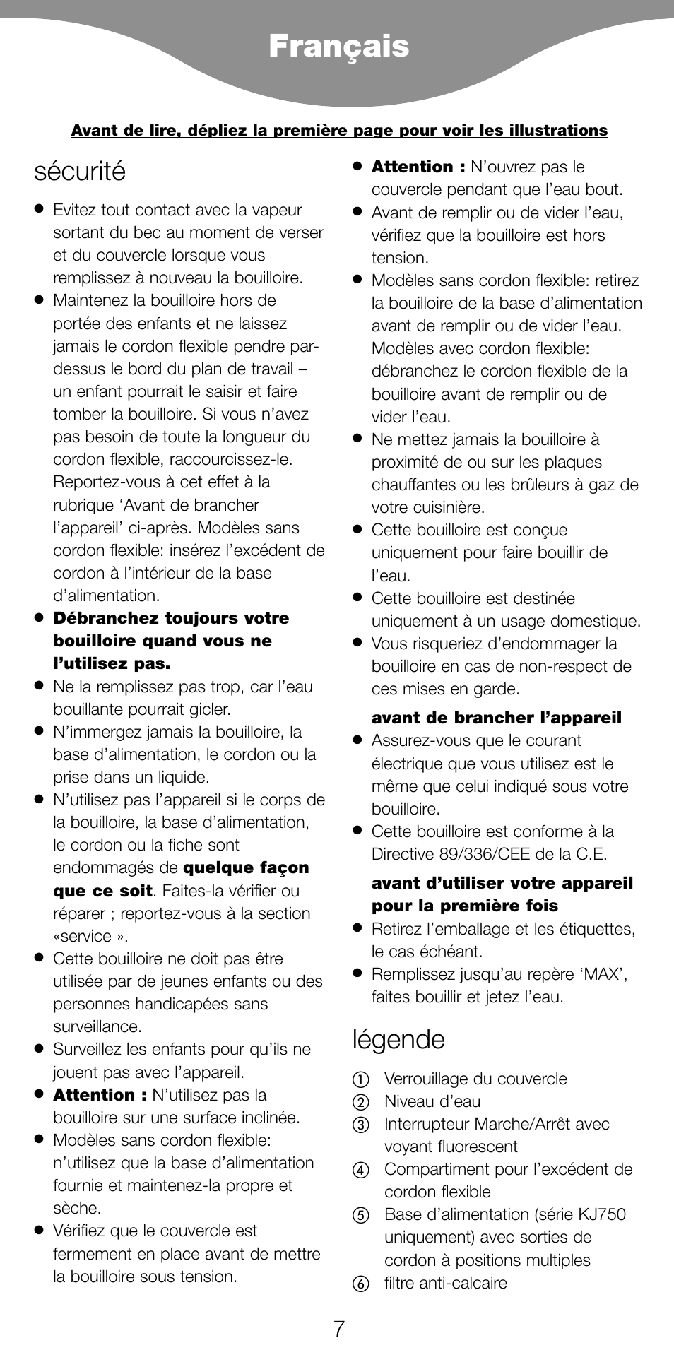 Français, Sécurité, Légende | Kenwood JK630 User Manual | Page 10 / 49