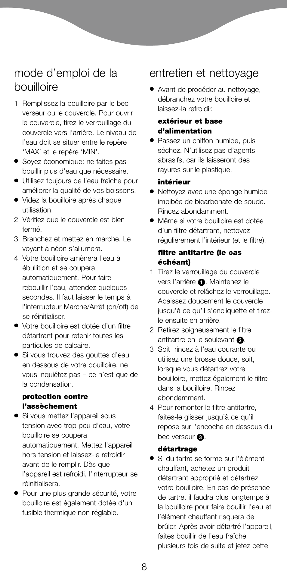 Mode d’emploi de la bouilloire, Entretien et nettoyage | Kenwood JK630 User Manual | Page 11 / 49