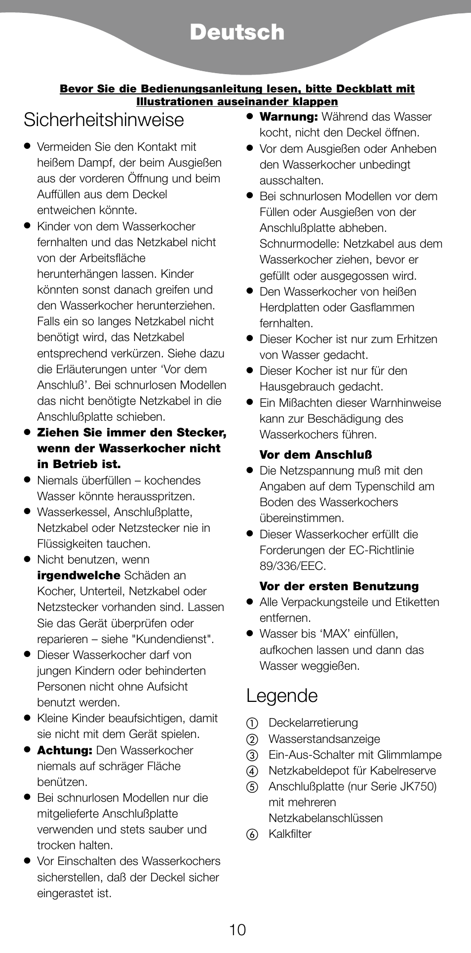 Deutsch, Sicherheitshinweise, Legende | Kenwood JK630 User Manual | Page 13 / 49