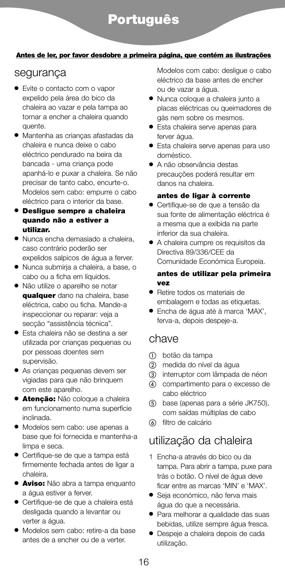 Português, Segurança, Chave | Utilização da chaleira | Kenwood JK630 User Manual | Page 19 / 49