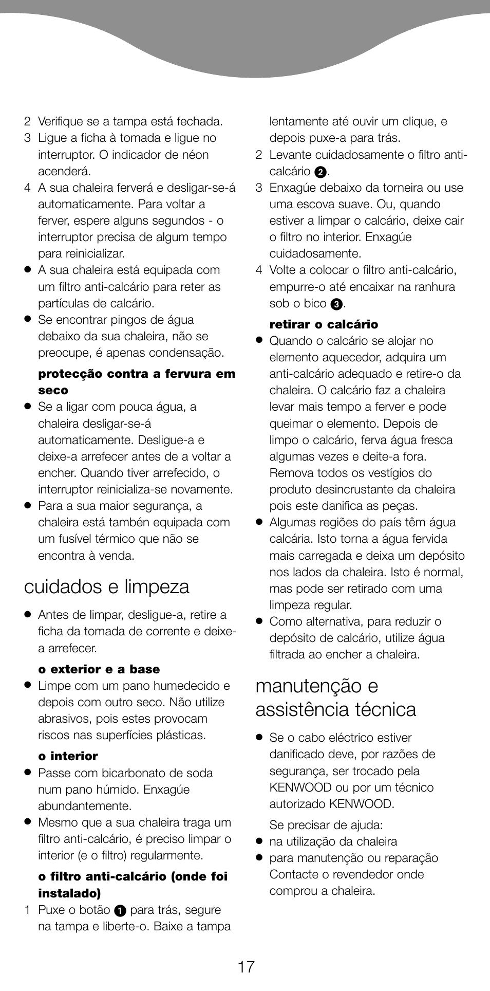 Cuidados e limpeza, Manutenção e assistência técnica | Kenwood JK630 User Manual | Page 20 / 49