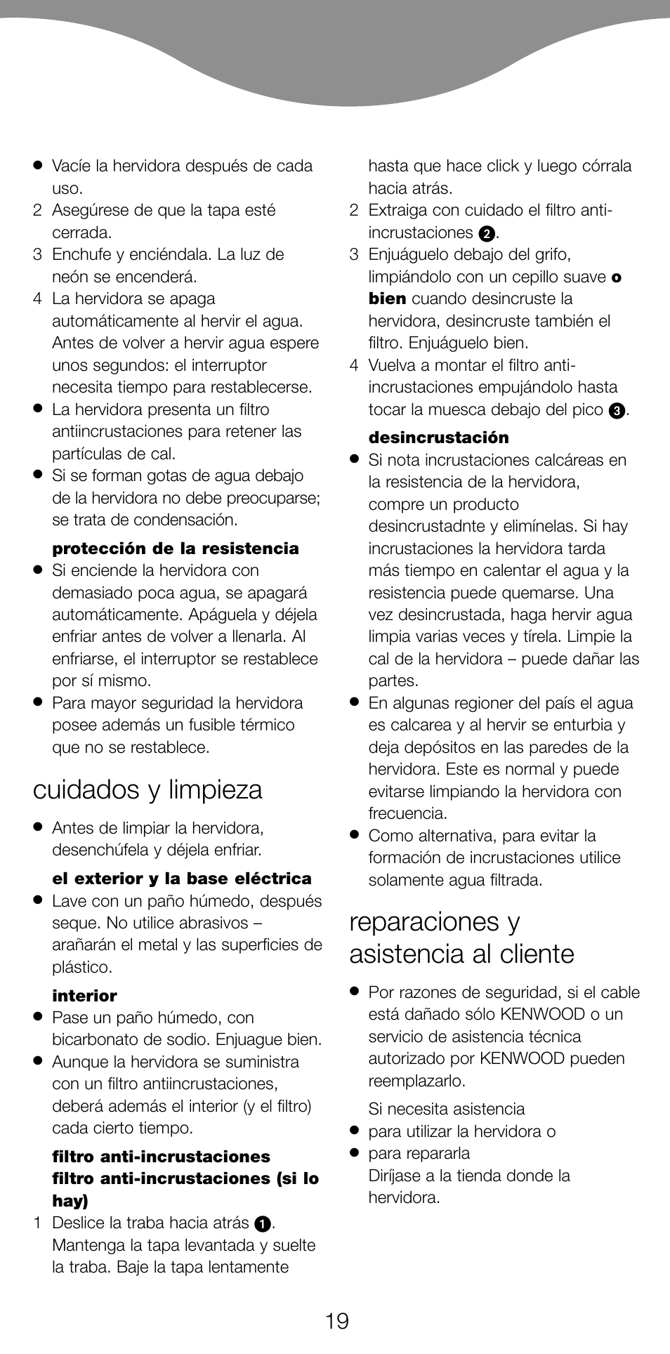 Cuidados y limpieza, Reparaciones y asistencia al cliente | Kenwood JK630 User Manual | Page 22 / 49