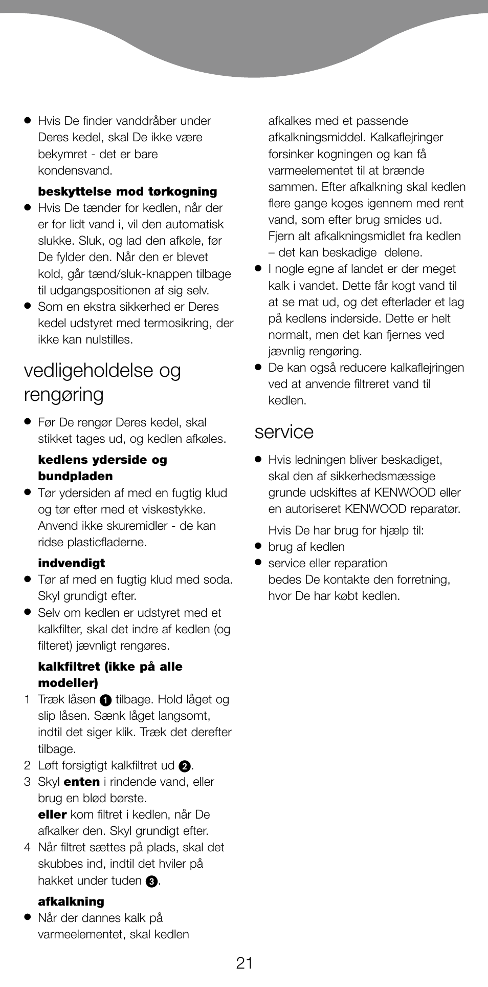 Vedligeholdelse og rengøring, Service | Kenwood JK630 User Manual | Page 24 / 49