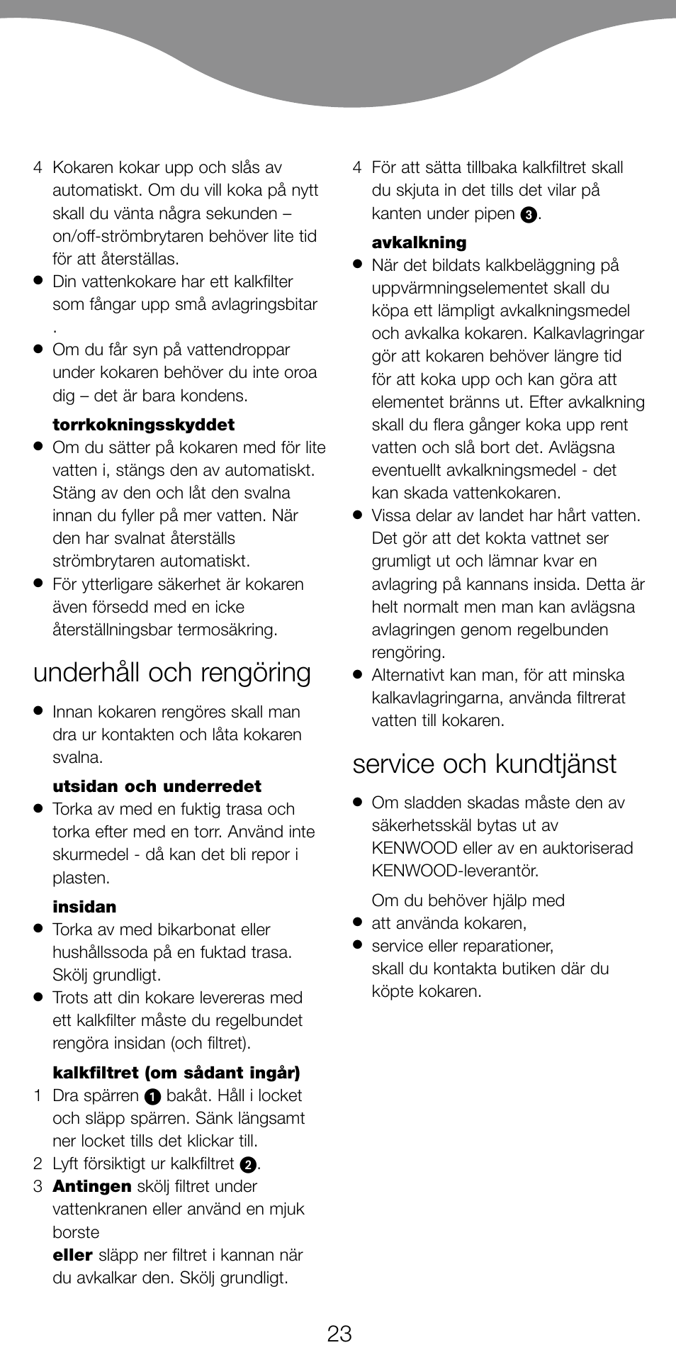 Underhåll och rengöring, Service och kundtjänst | Kenwood JK630 User Manual | Page 26 / 49