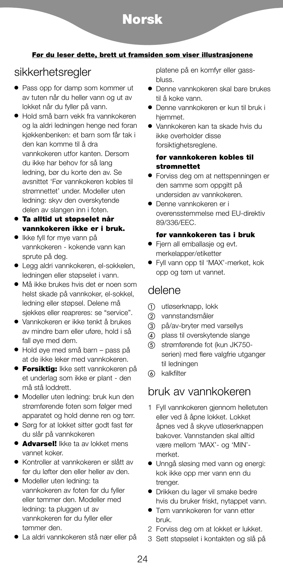 Norsk, Sikkerhetsregler, Delene | Bruk av vannkokeren | Kenwood JK630 User Manual | Page 27 / 49