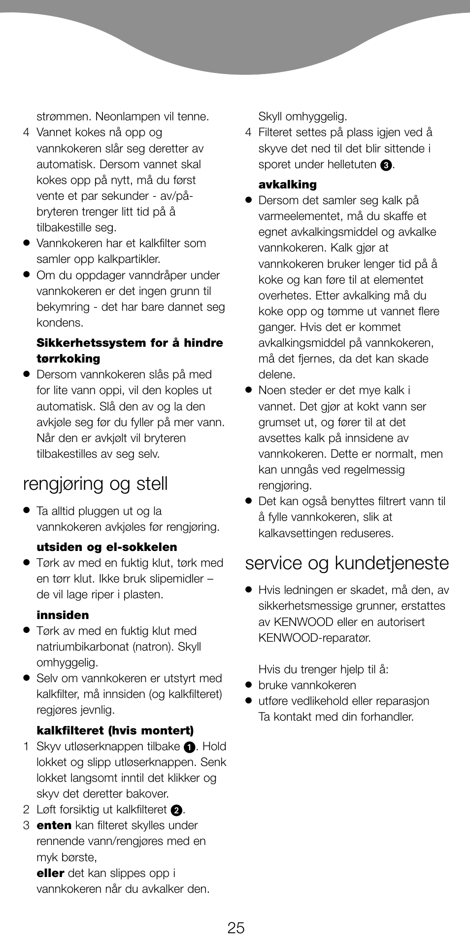 Rengjøring og stell, Service og kundetjeneste | Kenwood JK630 User Manual | Page 28 / 49