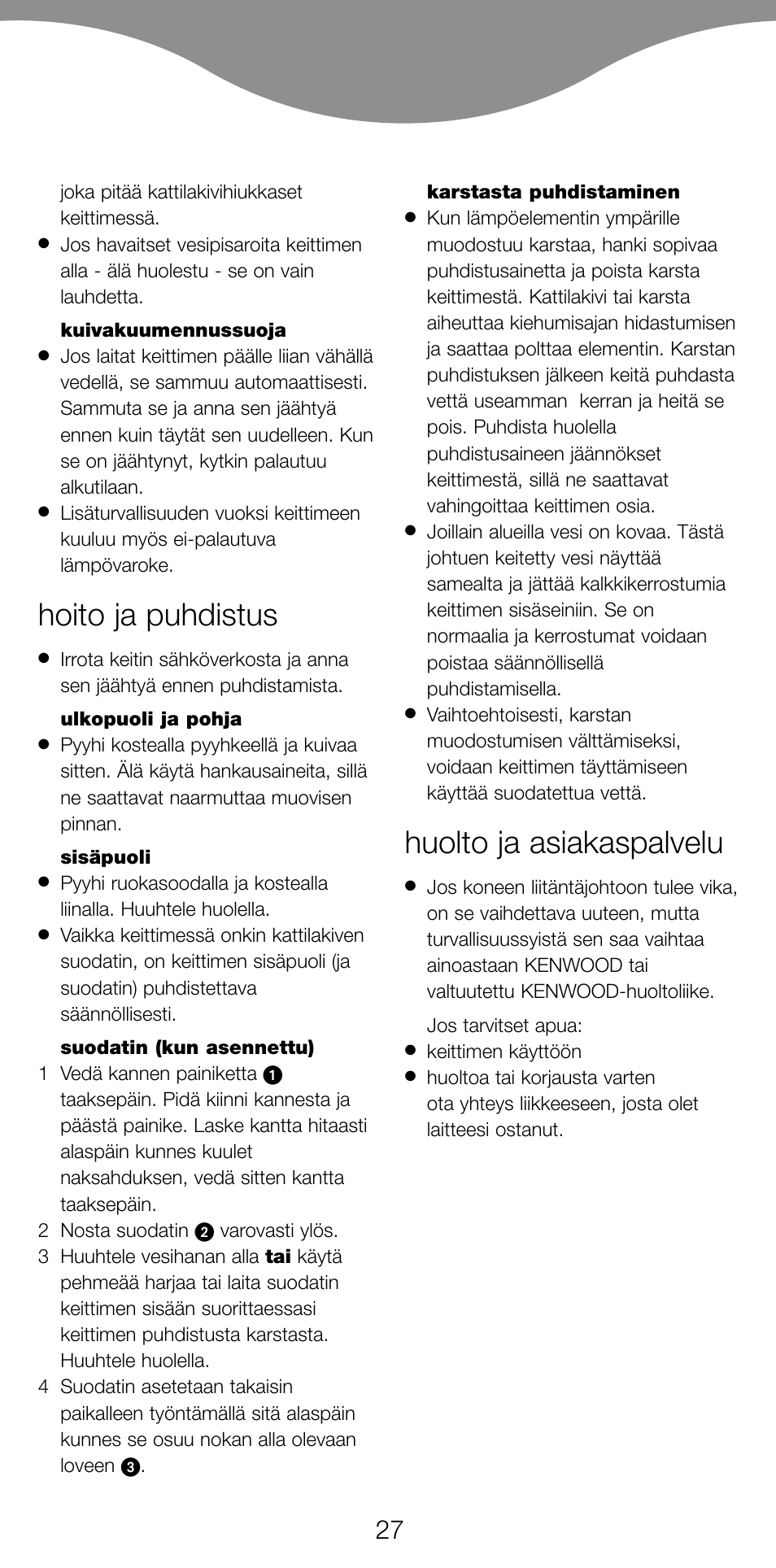Hoito ja puhdistus, Huolto ja asiakaspalvelu | Kenwood JK630 User Manual | Page 30 / 49